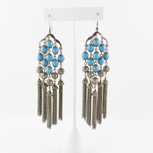 𝅺Silver Metallic Long Beaded Tassel Chandelier Drop Dangle Statement Earrings - Picture 1 of 5